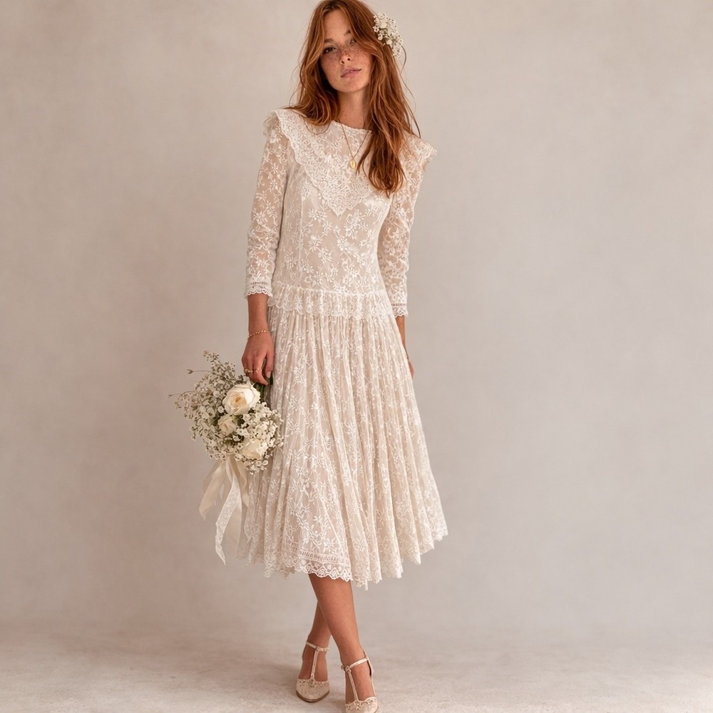 Gunne Sax Cream Lace Midi Dress with Scalloped Collar
